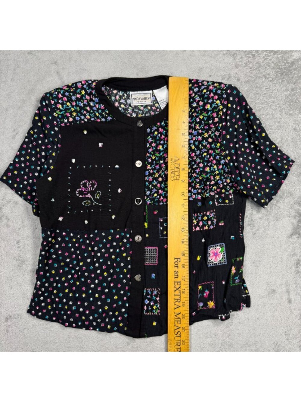 Y2K Floral Beaded Patchwork Cottagecore Button Blouse Grandma Chic Rayon Shirt - Picture 8 of 9